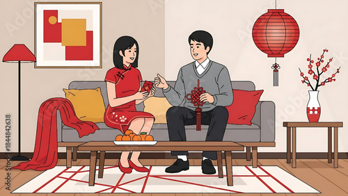 Happy Chinese New Year Couple Celebrating at Home with Traditional Decorations