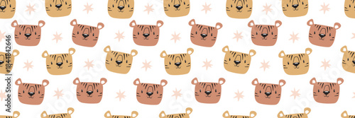 Bohemian baby pattern with cute hand drawn tiger faces. Seamless childish background for nursery decor, kids textiles, wrapping paper, prints, posters and baby products. Vector illustration