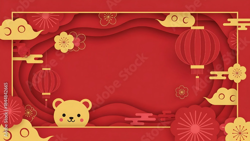 Chinese New Year Red Background with Cute Bear and Golden Decorations