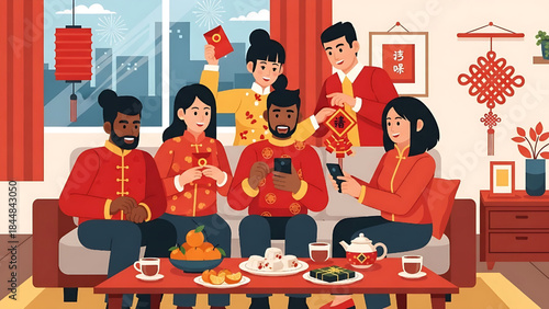 Diverse friends and family celebrating Chinese New Year with gifts and food