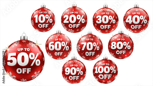 Christmas Sale Discount Baubles Up to 100% Off Red Ornaments Vector Illustration |  Christmas Sale Up to 100% Off Red Baubles Ornaments Vector Illustration Discount Percentages Holiday Promotion Balls