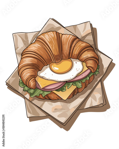 A detailed illustration of a croissant sandwich on a
crumpled beige paper napkin