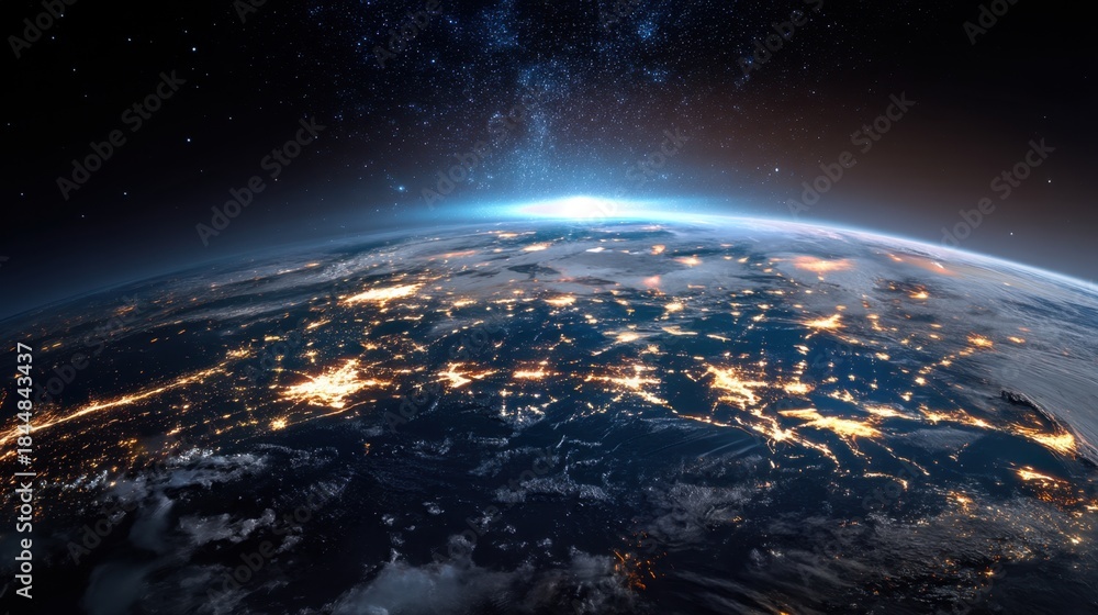 Obraz premium A view of the Earth at night, with the stars and the moon visible in the sky. The scene is serene and peaceful
