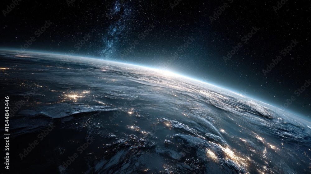 Obraz premium A view of the Earth from space with a bright star in the background. Concept of awe and wonder at the vastness of the universe and the beauty of our planet