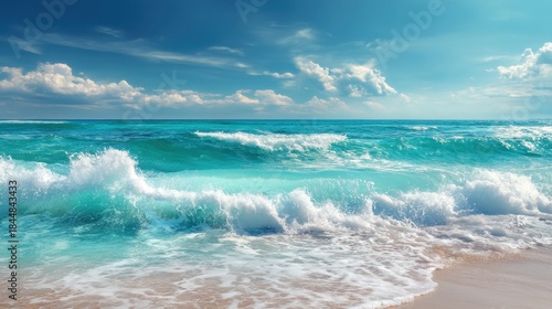 The ocean is calm and the sky is blue. The water is a beautiful shade of blue. The sky is filled with clouds, but the sun is shining through them. The scene is peaceful and serene