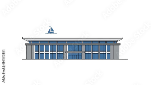 Modern Building Facade with Blue Glass Windows and Geometric Design.