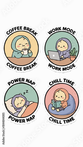 Cute vector sticker of daily activities, character drinking coffee, working on laptop, resting, flat design, rounded shapes, minimal details, clean outline, sticker pack style, white background