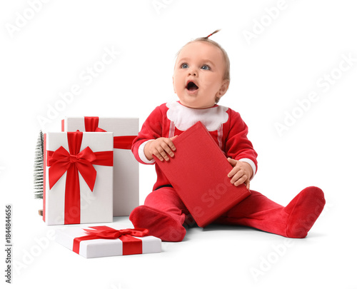 Cute little baby in Santa c...