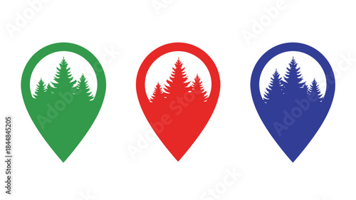 Colorful location pins displaying evergreen trees in a distinct silhouette