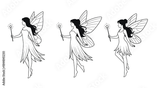 Three graceful fairies with wings and wands in a delicate silhouette