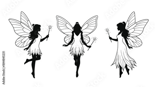 Three elegant fairies with delicate wings a striking black silhouette