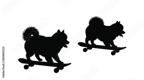Two adorable dogs riding skateboards a playful black silhouette