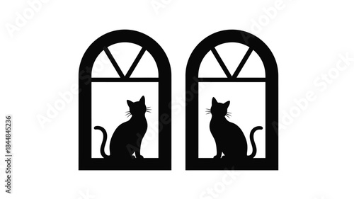 Two arched windows displaying cats in a striking black silhouette