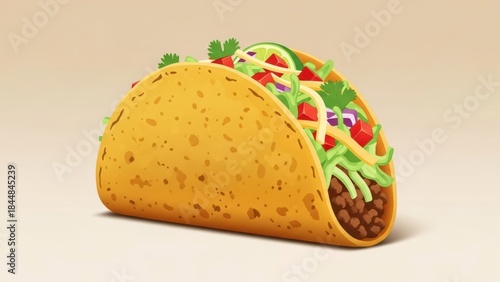 Delicious Taco with Beans, Lettuce, Tomatoes, and Cheese on a Beige Background