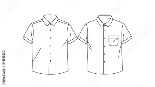 Two short sleeved shirts in a flat lay style detailed line art silhouette