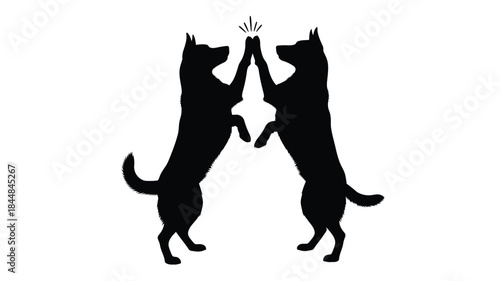 Two dogs playfully high fiving each other in a striking silhouette