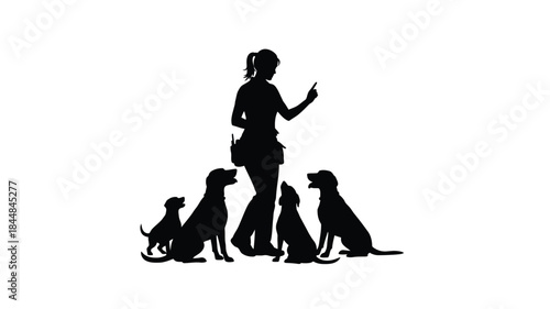 Woman walking with three dogs a striking black silhouette
