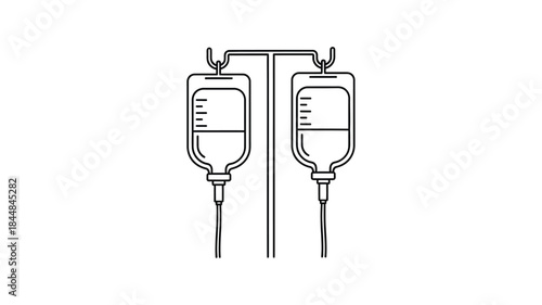 Two medical iv drips hanging simple line drawing silhouette