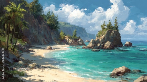 A painting of a beach with a rocky shoreline and palm trees. The mood of the painting is serene and peaceful
