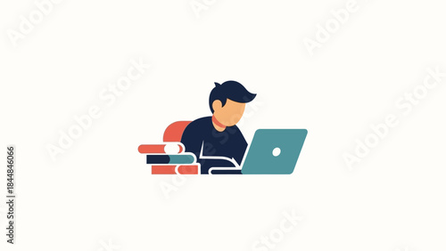 Young person studying with laptop and books.