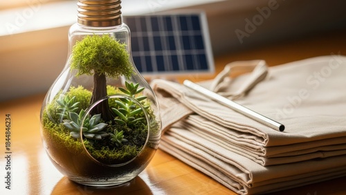 Fototapeta Naklejka Na Ścianę i Meble -  Glass vase with a tree inside it sits on a table next to a stack of white clot. for mock up
