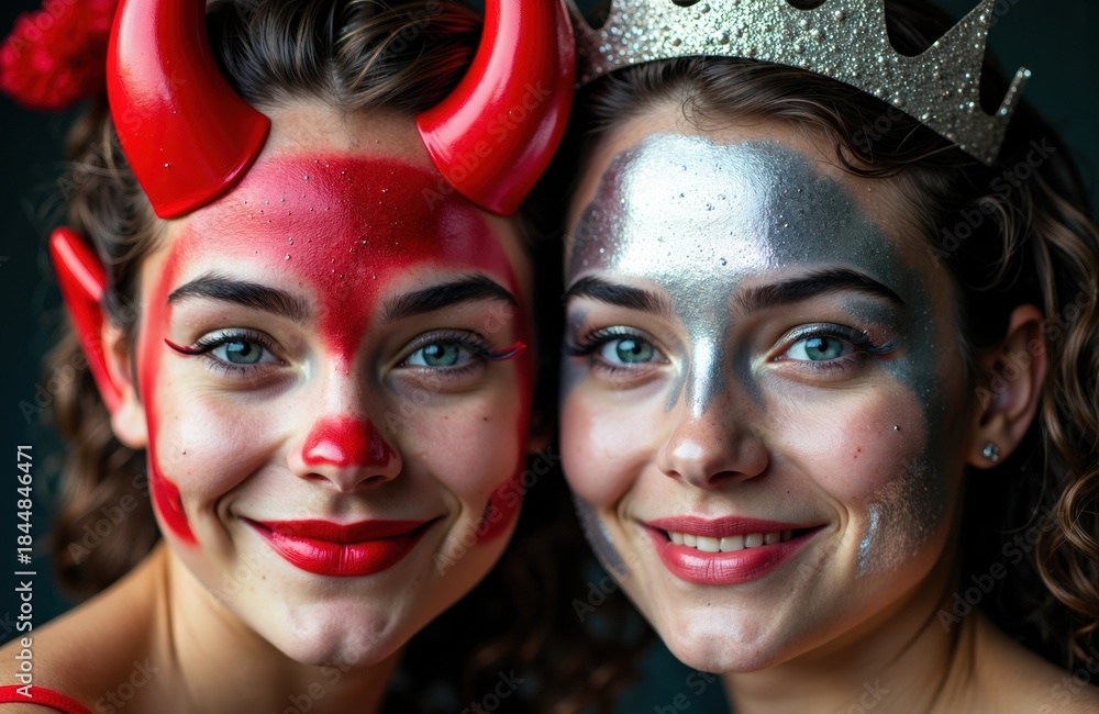 Obraz premium Women with face paint and colorful costume accessories smiling together