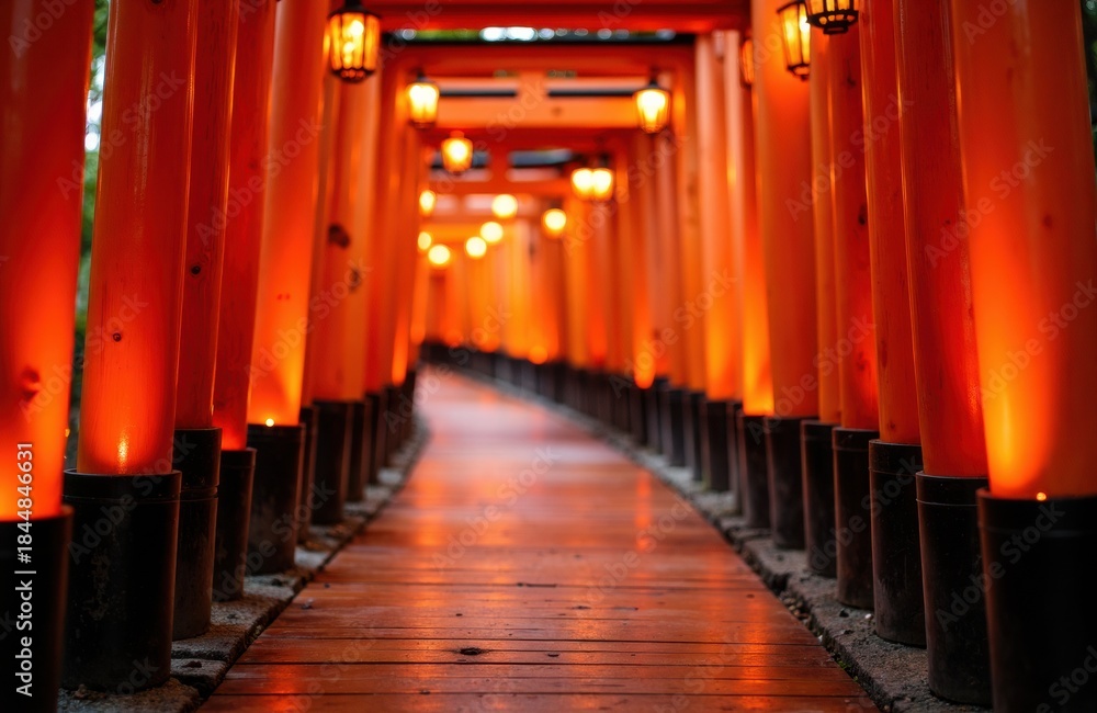 Naklejka premium Torii gates forming a glowing red corridor with lanterns along a wooden path