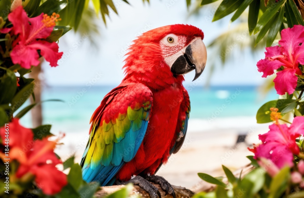 Obraz premium Scarlet macaw perched on tropical branch framed by pink flowers and ocean