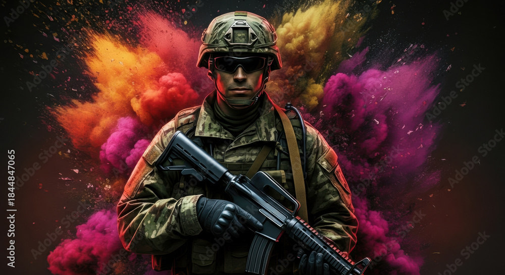 Fototapeta premium Soldier in modern combat gear standing with rifle against colorful smoke