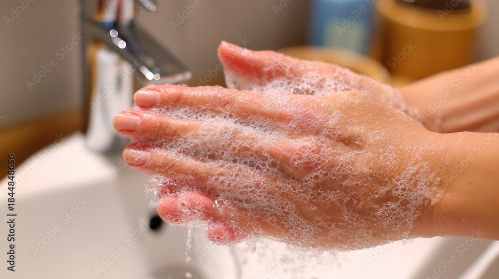 Fototapeta premium Hand Washing Process with Soap Foam in a Modern Bathroom Setting for Hygiene Promotion