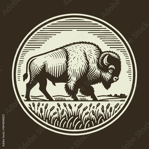 American Bison Engraved Illustration in a Circular Frame.