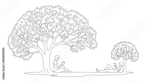 A peaceful scene with a reader under a tree black and white silhouette