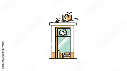 A charming small library kiosk with books and birds on top.