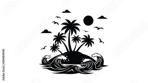 Tropical island with palm trees waves sun and birds a silhouette