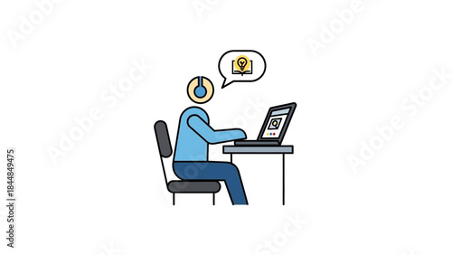 Person working on laptop with headphones and thought bubble showing book and money.