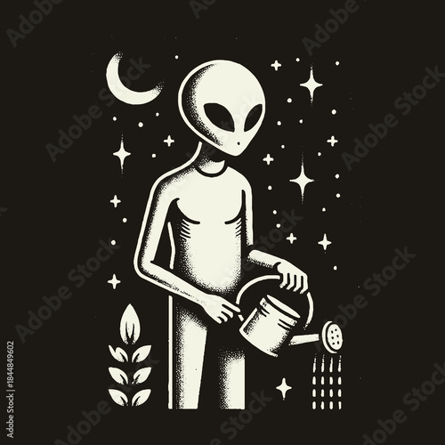 Alien Watering Plants Under the Night Sky.