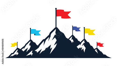 Mountain range with colorful flags waving a striking black silhouette