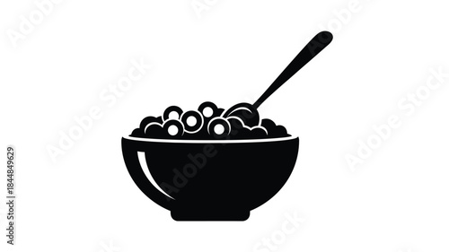 A black bowl of cereal with a spoon simple design silhouette