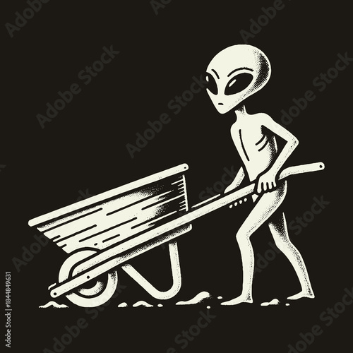 Alien Pushing Wheelbarrow: A Unique and Intriguing Illustration.
