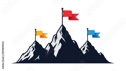 Mountain peak with colorful flags waving a striking silhouette