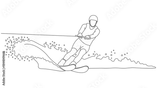 Water skier in action with dynamic spray single line drawing silhouette
