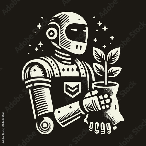 Robot Holding Plant in Pot with Stars.