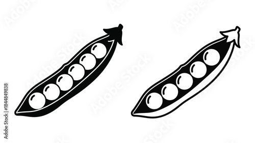 Two open pea pods with visible peas a simple black and white silhouette