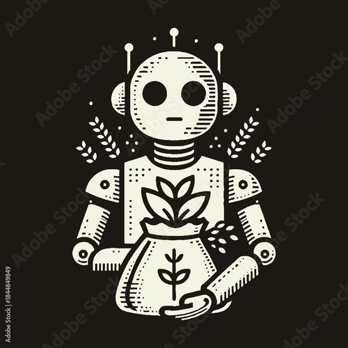 Robot holding a bag of plants a symbol of nature and technology.