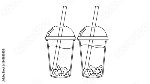 Two bubble tea drinks with straws a minimalist line art silhouette