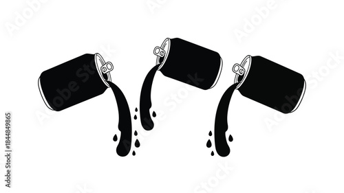 Three overturned soda cans with liquid spills a striking black silhouette