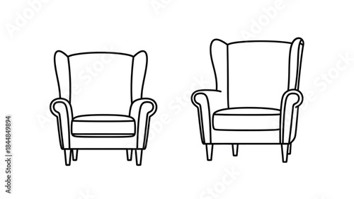 Two elegant wingback chairs depicted in a black and white silhouette