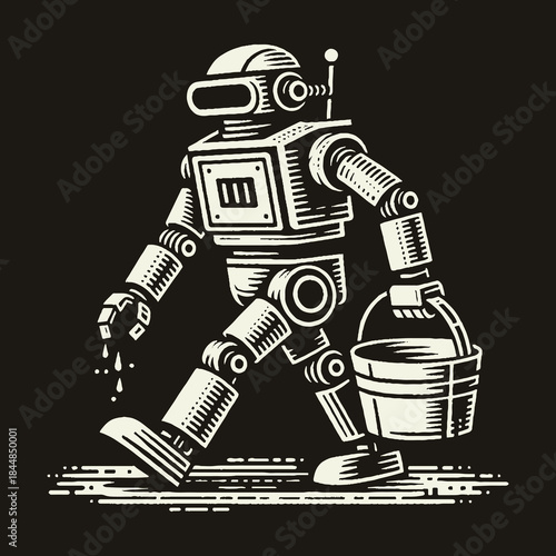 Robot Carrying Bucket Walking on Surface Illustration.