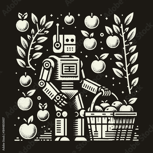 Robot Harvesting Apples in Orchard Illustration.