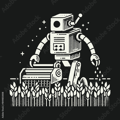Robot Agricultural Worker Planting Crops in a Field.